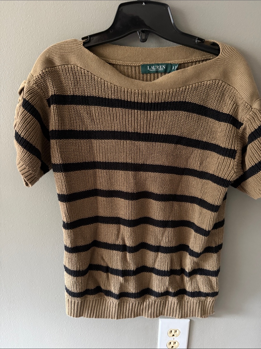 Ralph Lauren womens Small Lauren Tan & Black Striped Short-Sleeve Knit Sweater ✨
